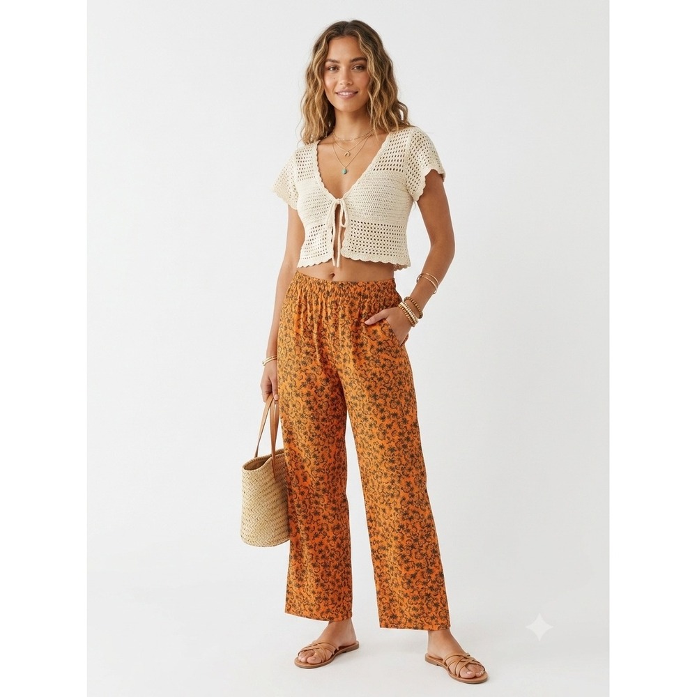 New Farm Pants Large Rio Pineapple Print Orange Tropical Pants Vacation Summer